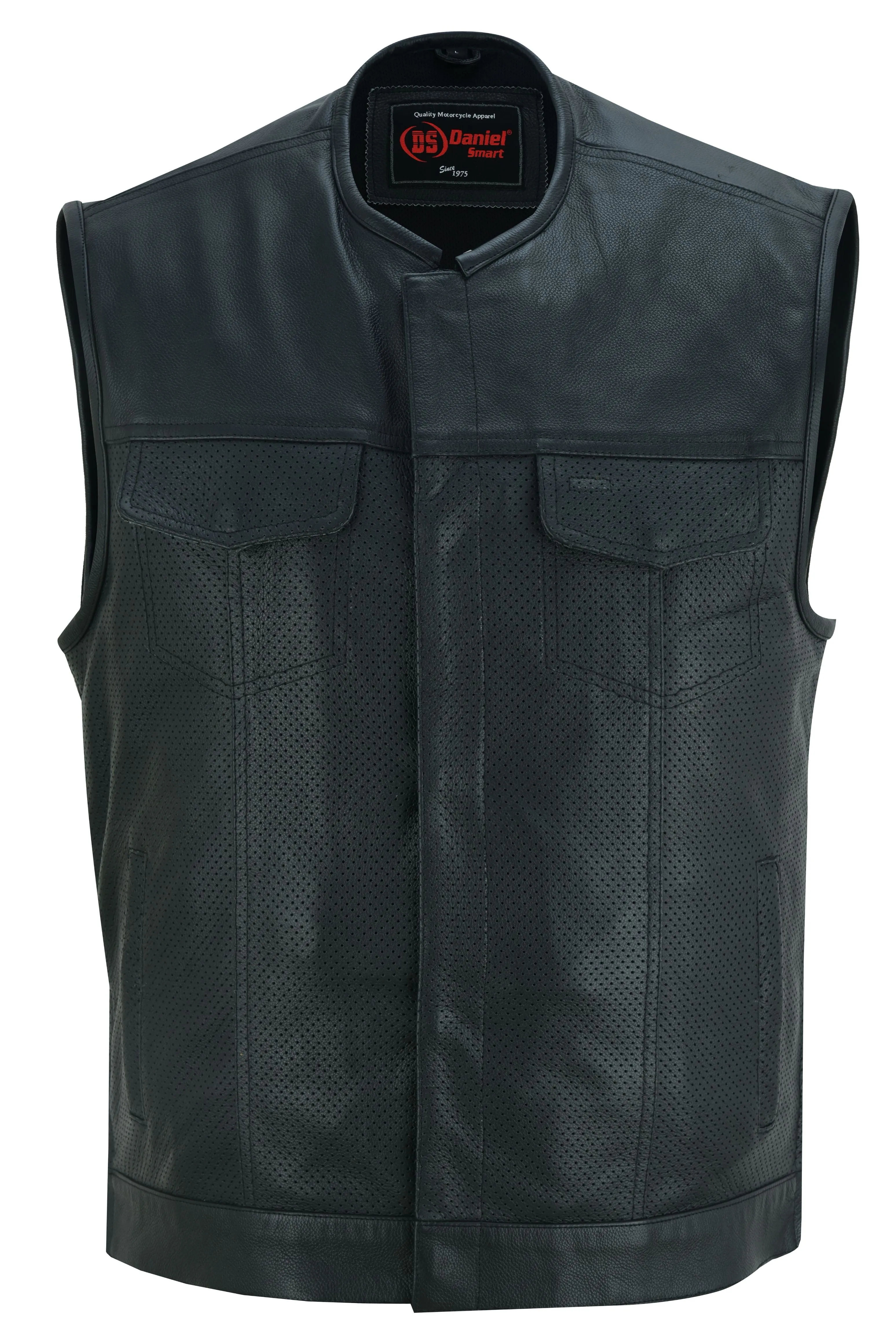 Men's Collarless Perforated Leather Vest - Black
