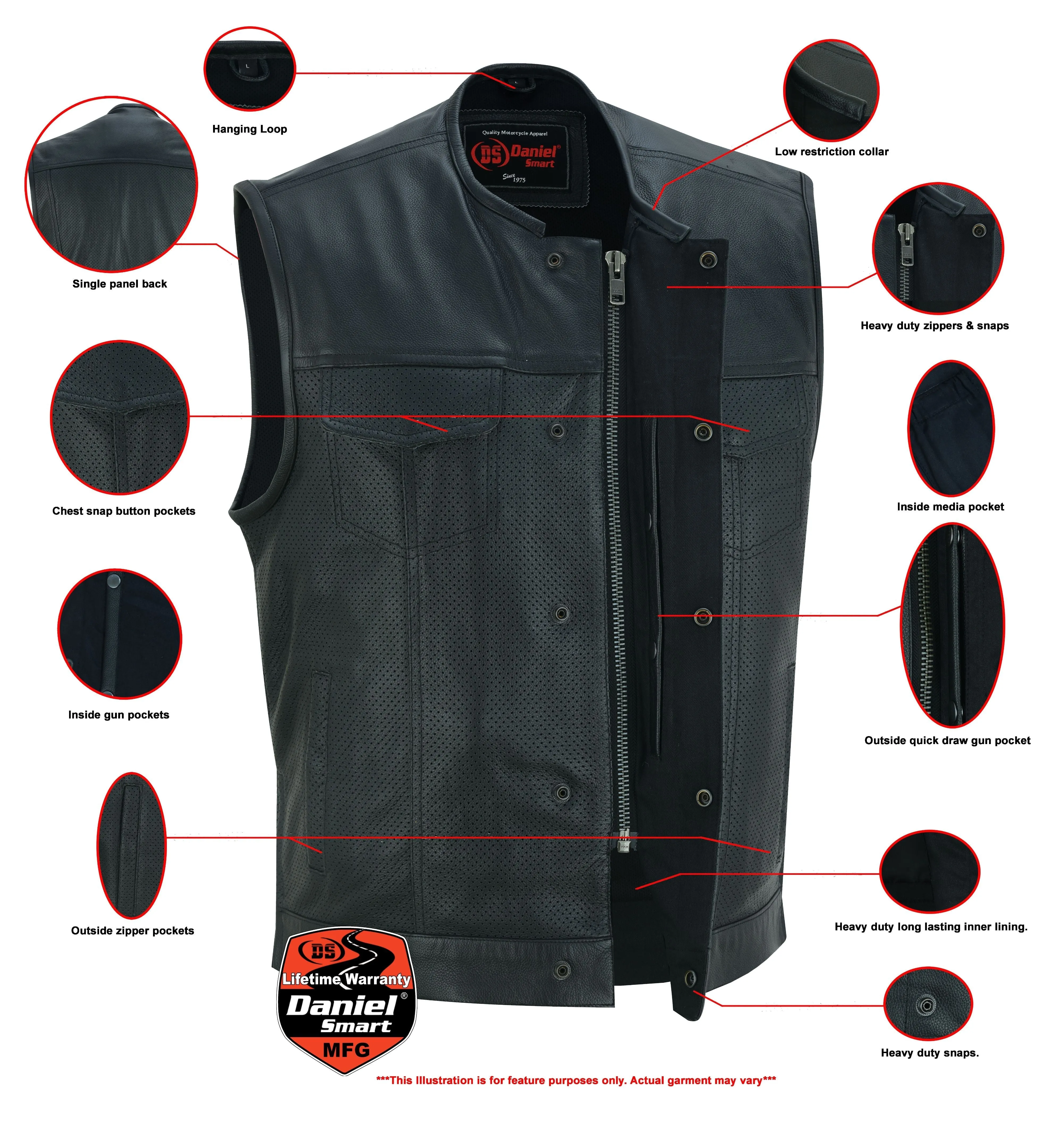 Men's Collarless Perforated Leather Vest - Black