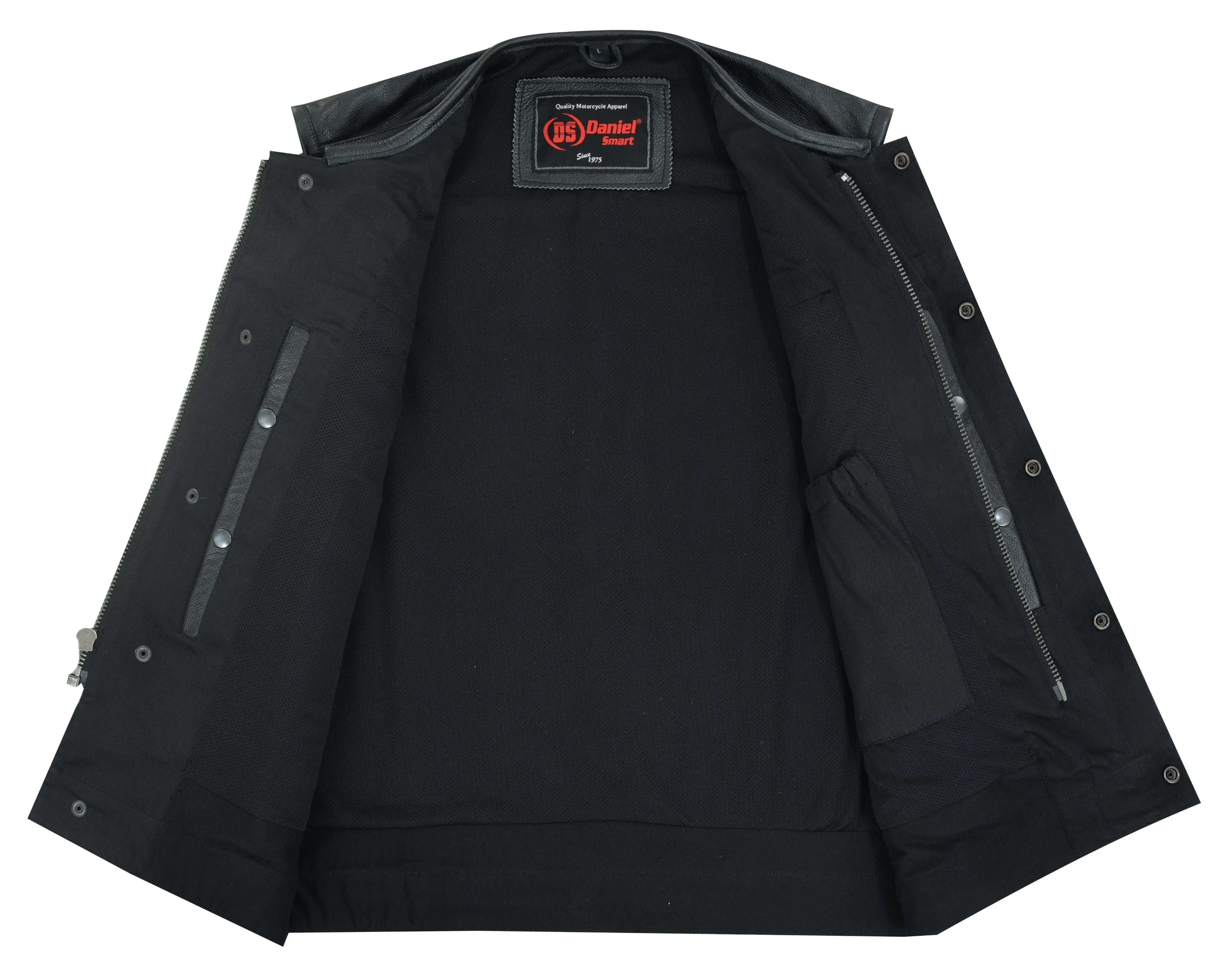 Men's Collarless Perforated Leather Vest - Black