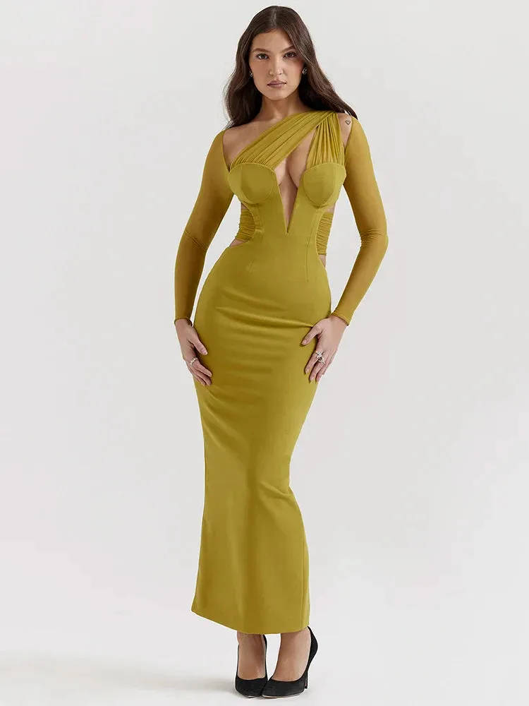 Mesh Long Sleeve Bodycon Graceful Deep Neck Maxi Dress
