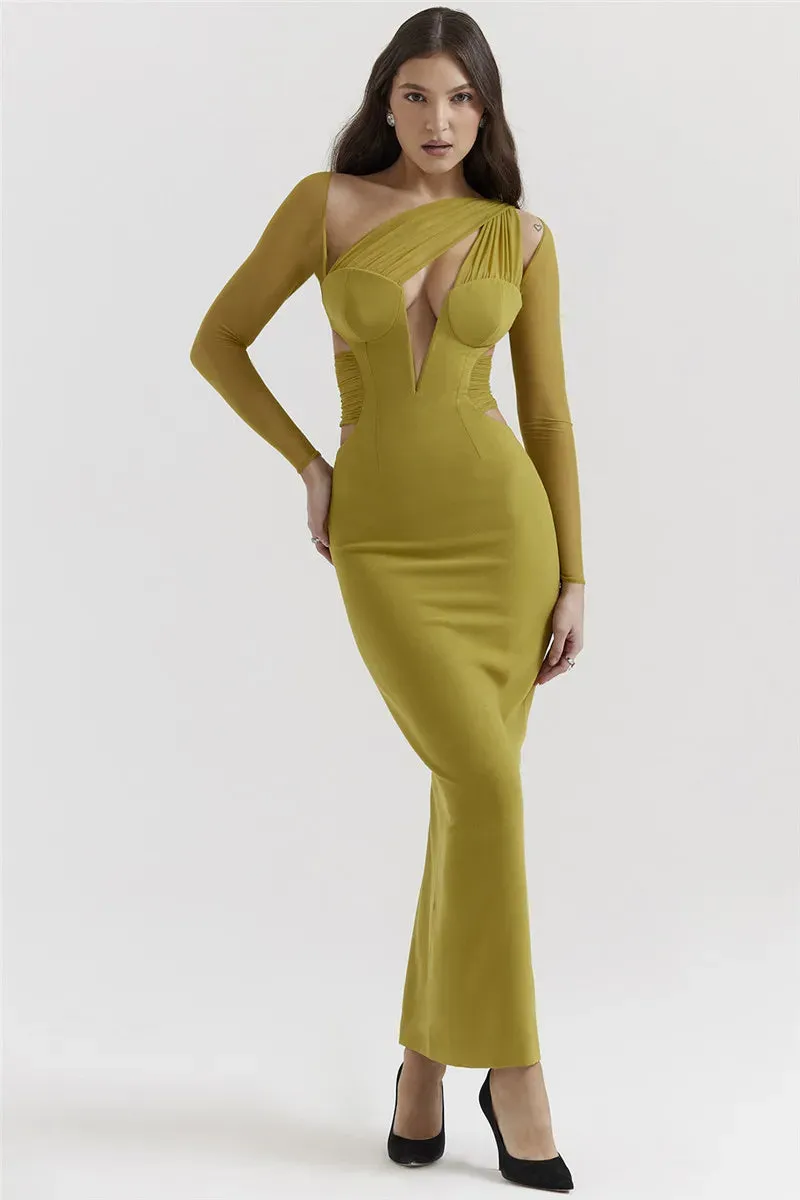Mesh Long Sleeve Bodycon Graceful Deep Neck Maxi Dress