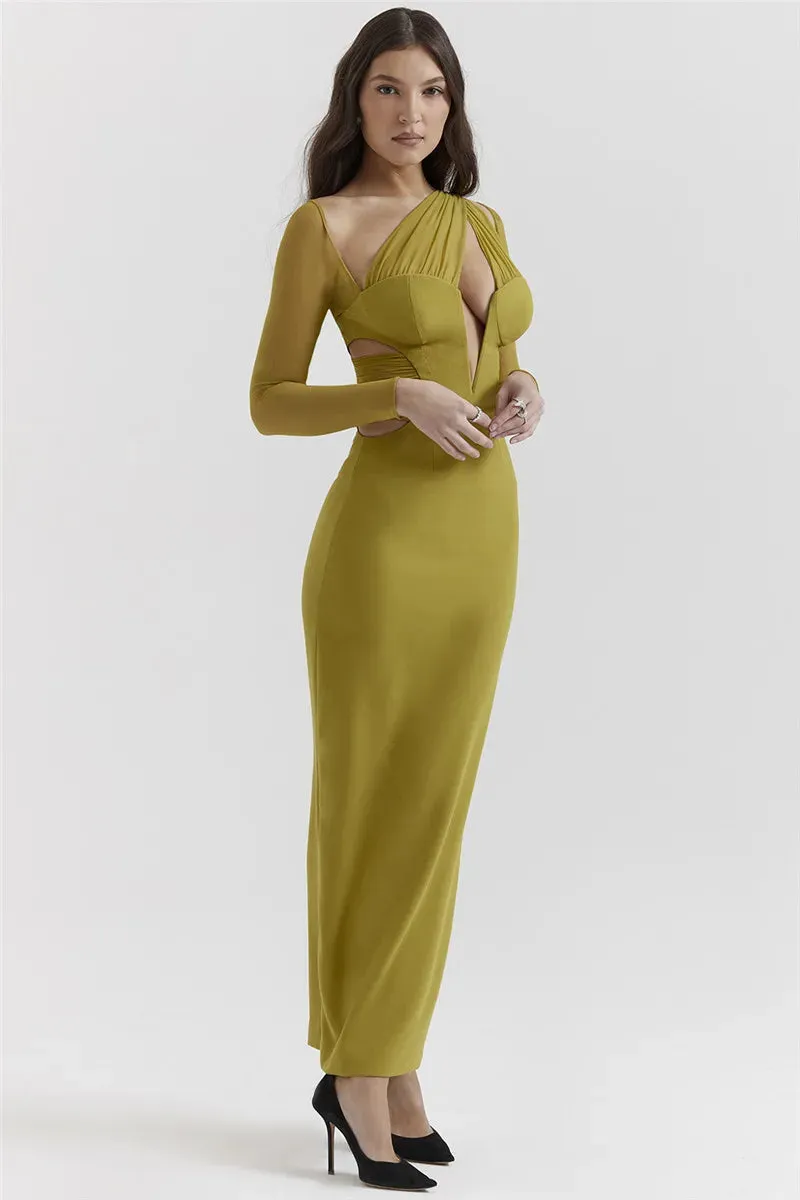 Mesh Long Sleeve Bodycon Graceful Deep Neck Maxi Dress