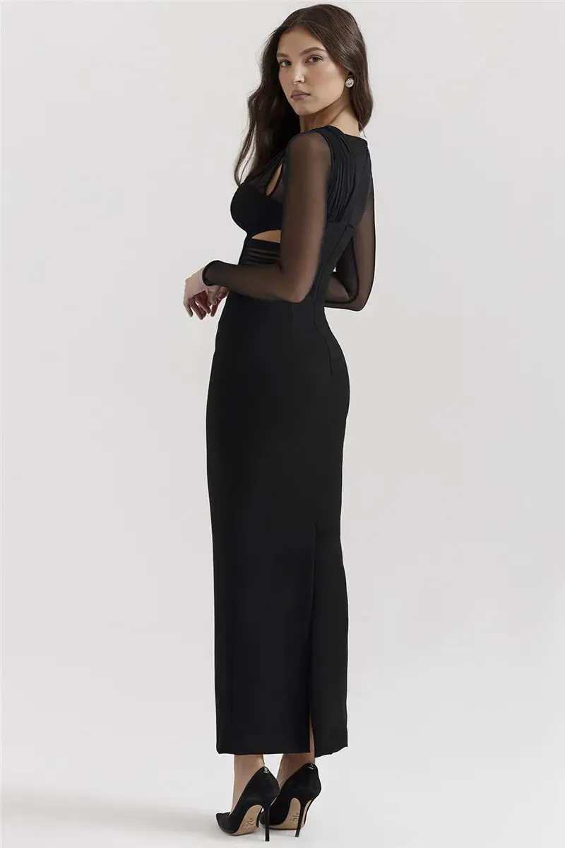 Mesh Long Sleeve Bodycon Graceful Deep Neck Maxi Dress