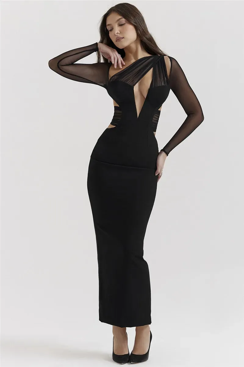 Mesh Long Sleeve Bodycon Graceful Deep Neck Maxi Dress