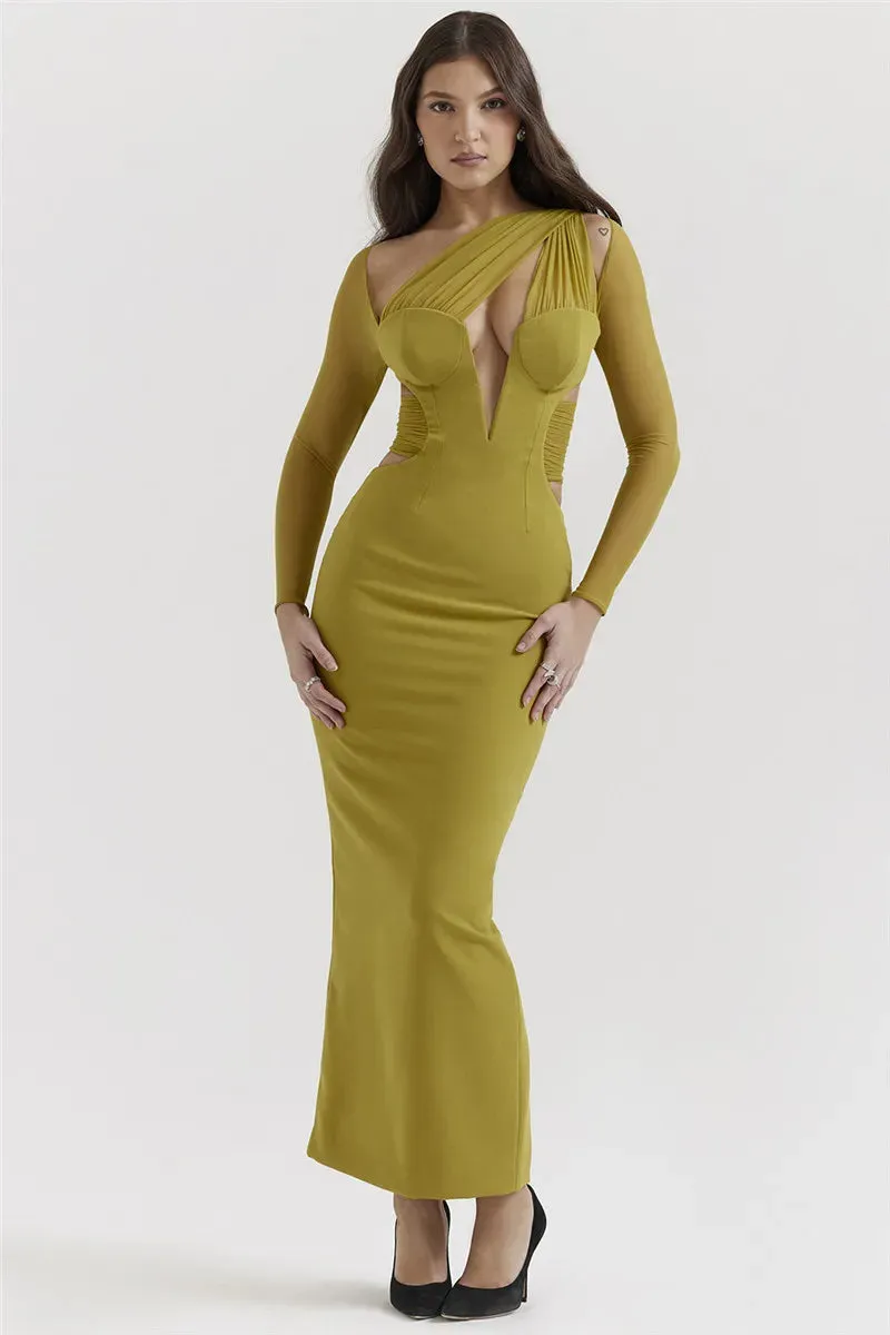 Mesh Long Sleeve Bodycon Graceful Deep Neck Maxi Dress