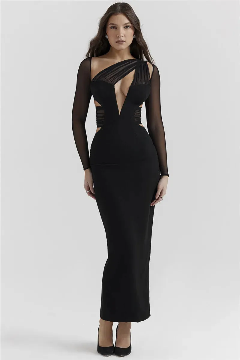 Mesh Long Sleeve Bodycon Graceful Deep Neck Maxi Dress