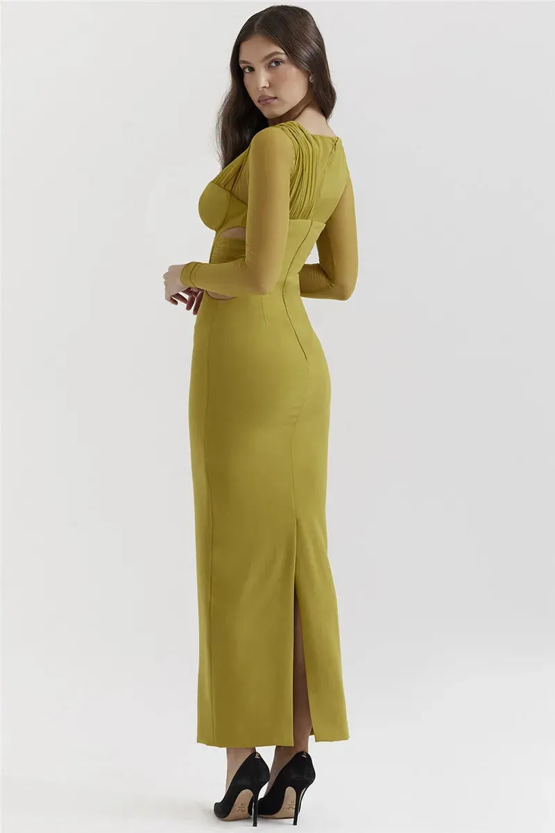 Mesh Long Sleeve Bodycon Graceful Deep Neck Maxi Dress