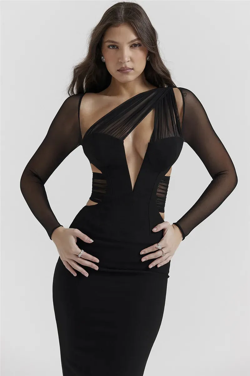 Mesh Long Sleeve Bodycon Graceful Deep Neck Maxi Dress