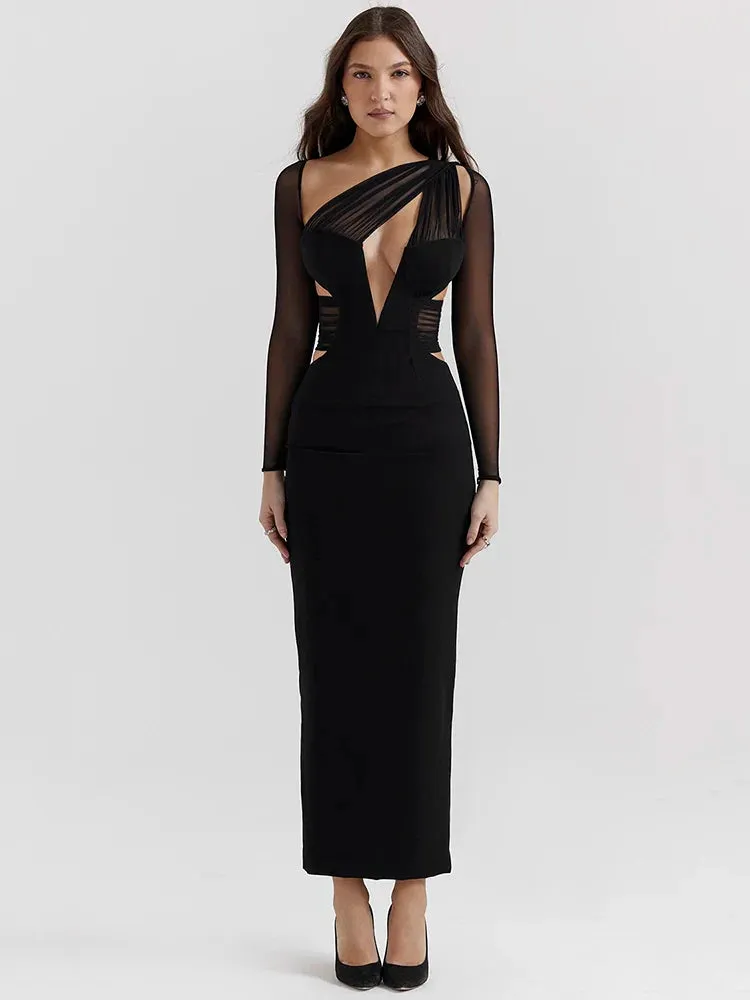 Mesh Long Sleeve Bodycon Graceful Deep Neck Maxi Dress