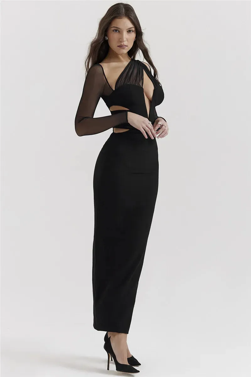 Mesh Long Sleeve Bodycon Graceful Deep Neck Maxi Dress