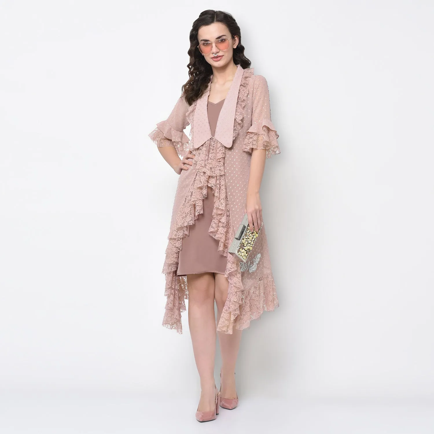 Silver Dot Pink Tunic With Butterfly Embroidery